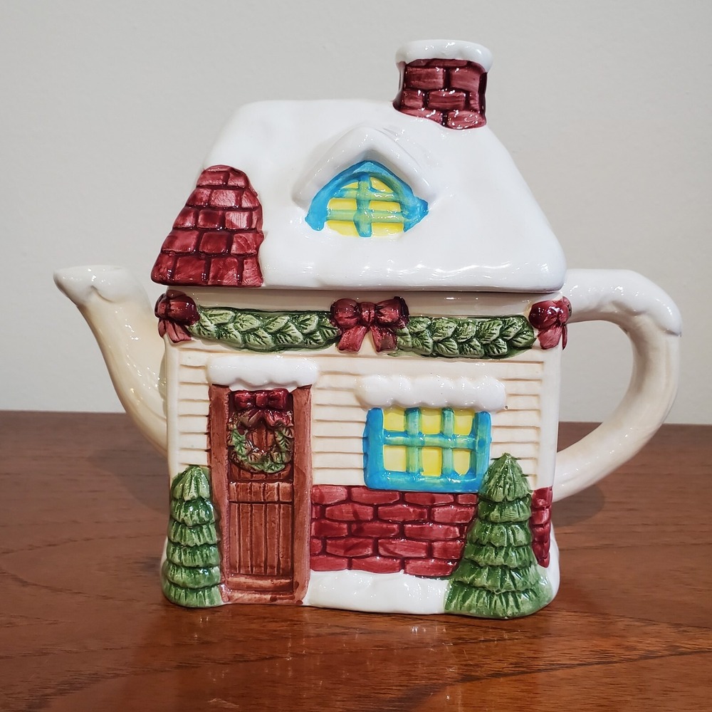 Vintage Christmas Whimsical Teapot; Winter Red Brick Cottage with Snow | Teapot‎
